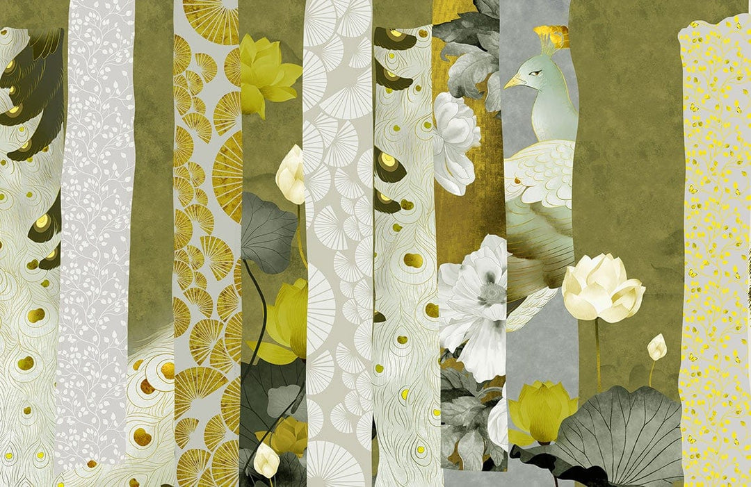 Elegant Green and Gold Floral Patterned Wallpaper with Peacocks and Leaves