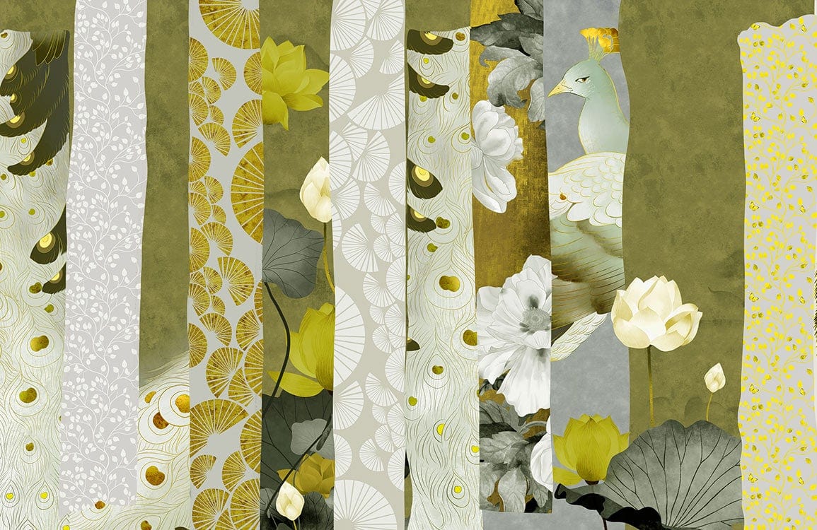 Elegant Green and Gold Floral Patterned Wallpaper with Peacocks and Leaves