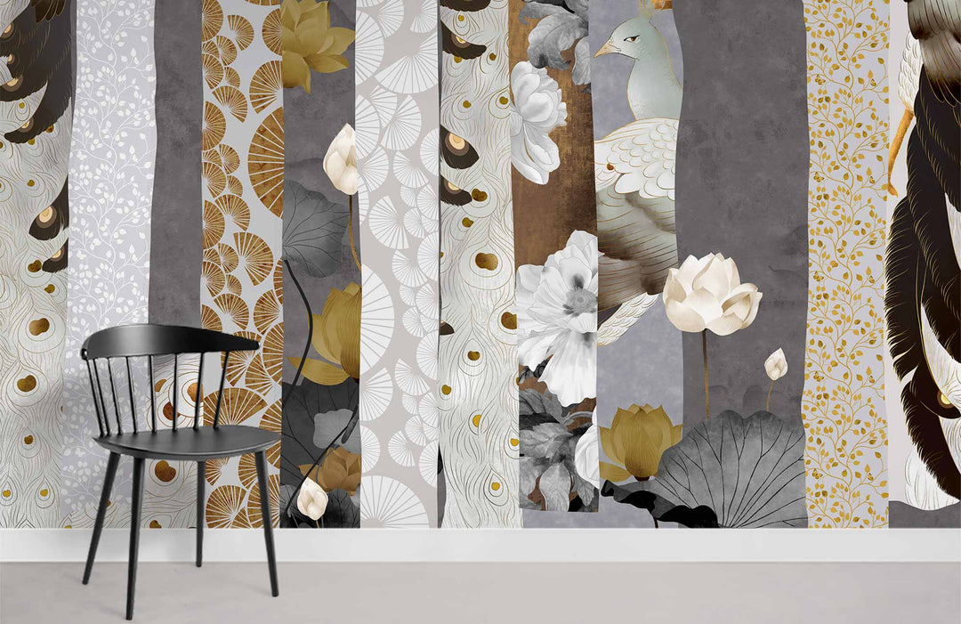 Elegant Botanical Grey and Gold Mural Wallpaper with black chair, modern design in living room.