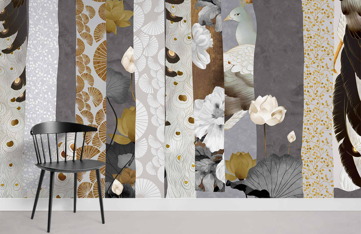 Elegant Botanical Grey and Gold Mural Wallpaper with black chair, modern design in living room.