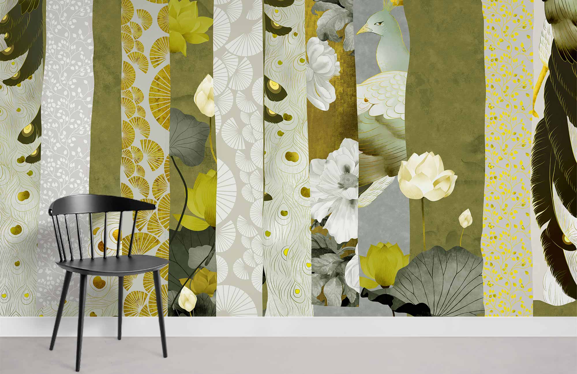 Elegant green and gold floral peacock wallpaper in room with black modern chair, grey flooring.