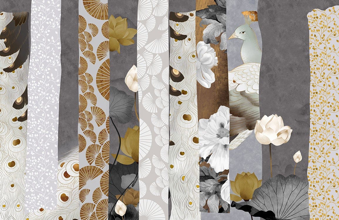 Elegant Botanical Grey and Gold Mural Wallpaper, Nature-Inspired Luxury Design.