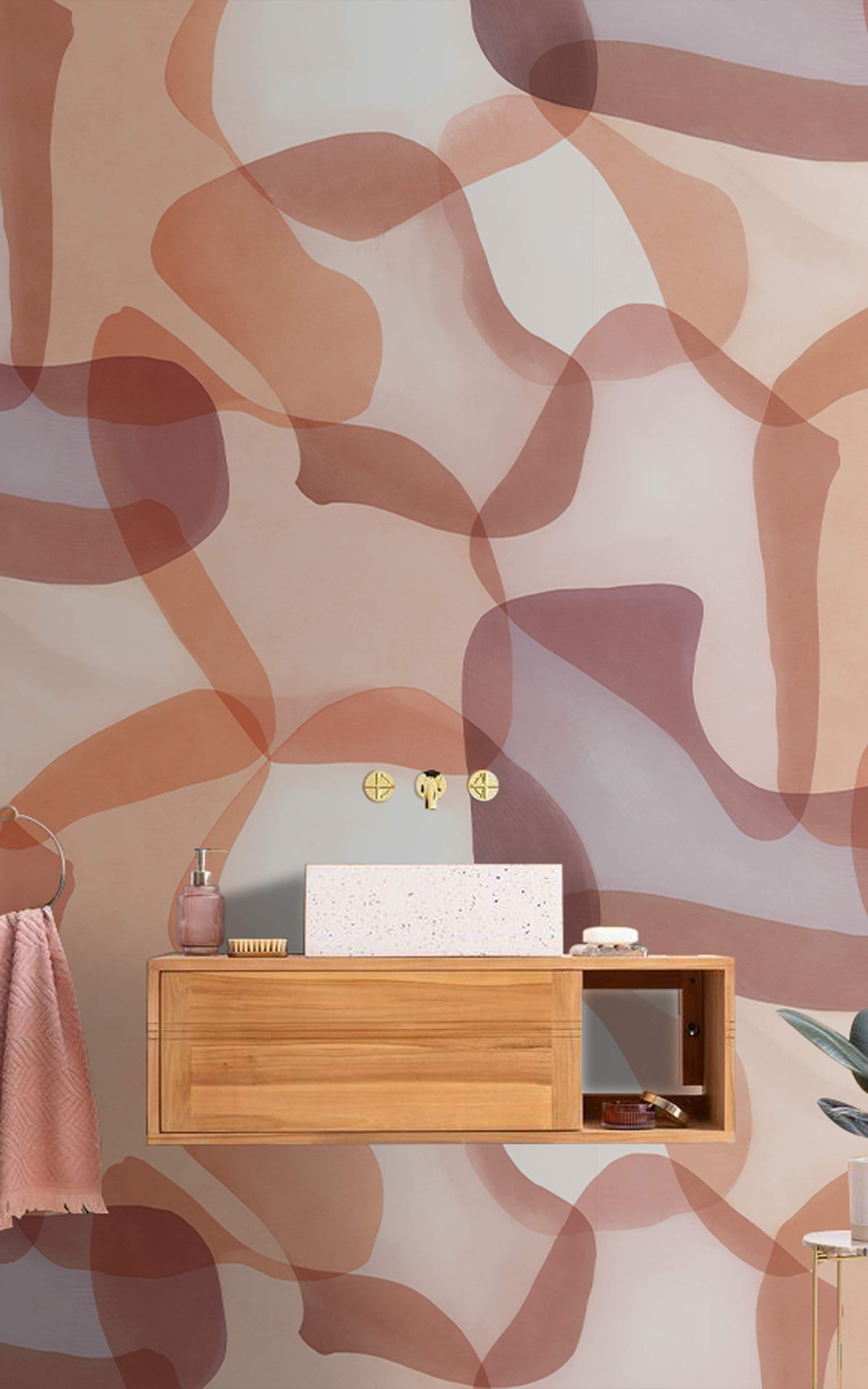 Abstract terracotta and cream wall covering, geometric pattern, wooden vanity, bathroom Décor, modern design.