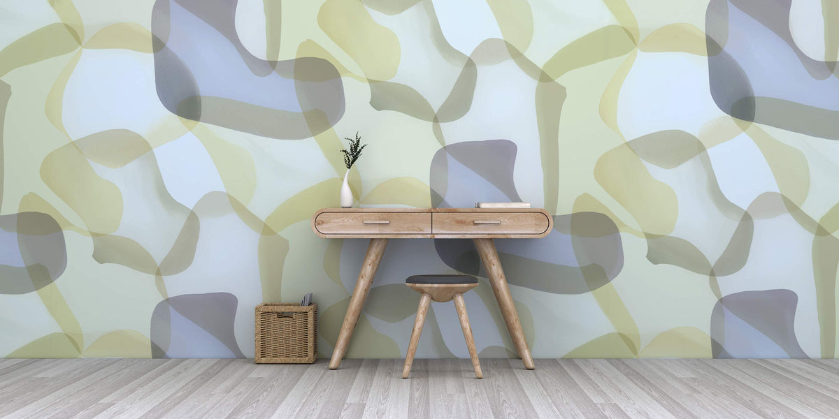 Abstract pastel geometric wallpaper in cream and grey tones, contemporary desk, stool, wooden flooring.