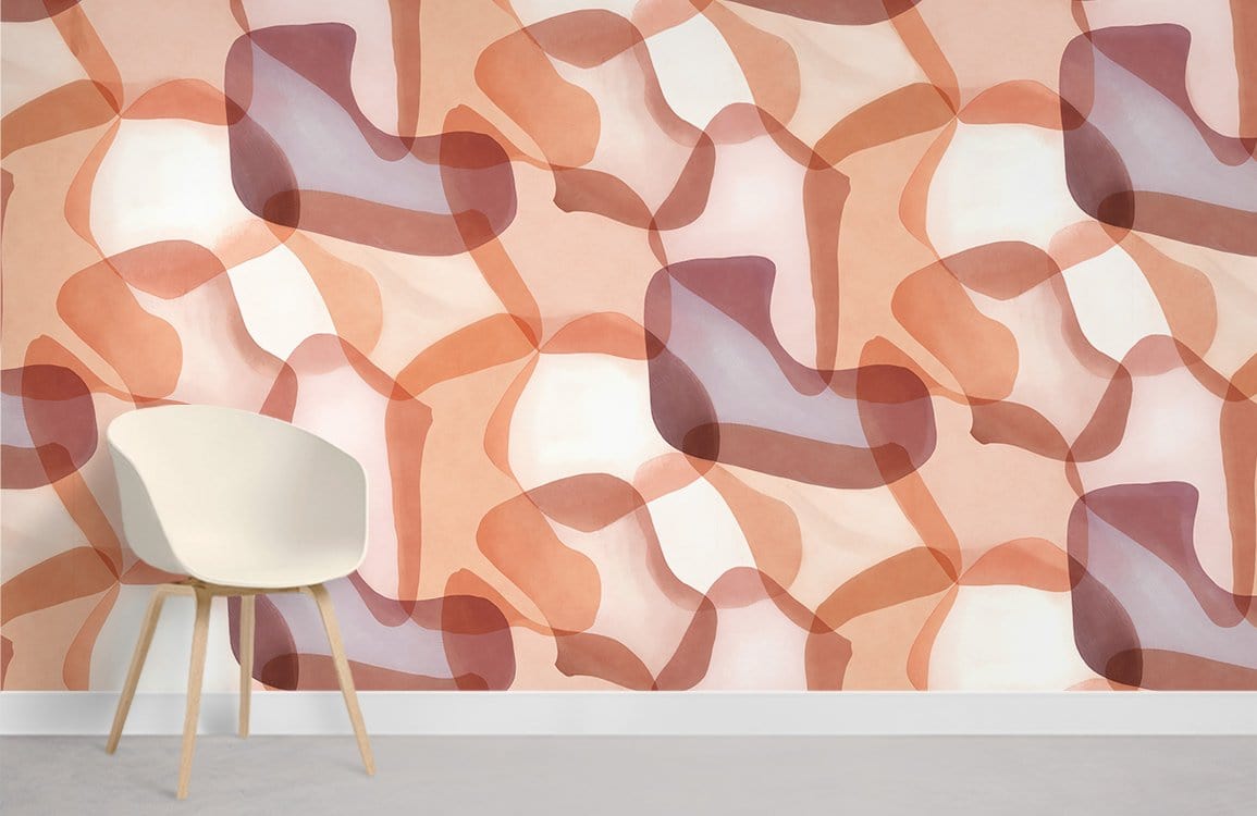 Abstract terracotta cream geometric wall covering design, white chair, grey flooring in modern room.
