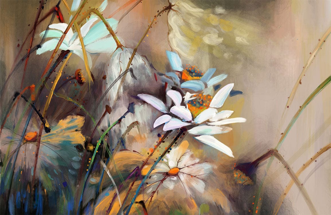 Elegant Pastel Floral Abstract Mural Wallpaper with Daisies and Earthy Tones