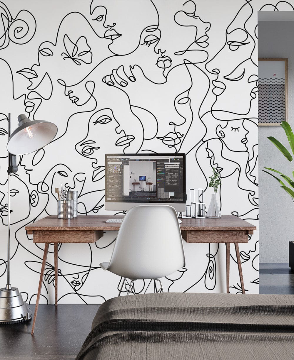 Monochrome line art wall mural in contemporary home office, featuring sleek desk and modern chair.