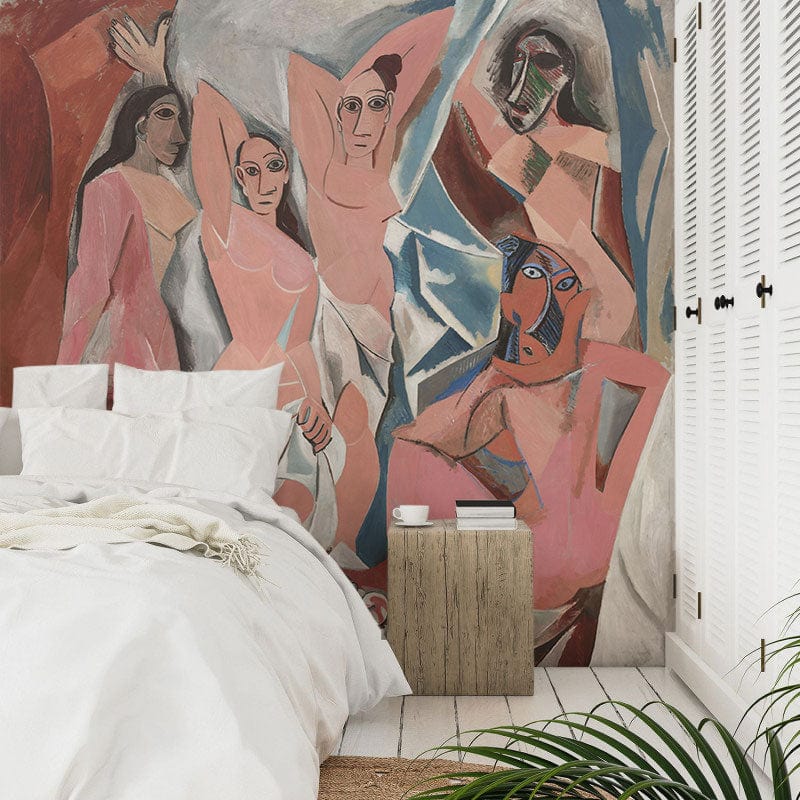 Bedroom with bold earth-toned Cubist-style mural wallpaper, white bedding, wood flooring, and wooden side table.