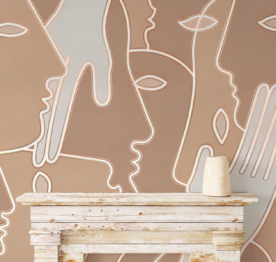 Abstract Faces Beige Line Art Wallpaper, modern Décor, wooden mantelpiece, minimalist style, artistic walls.