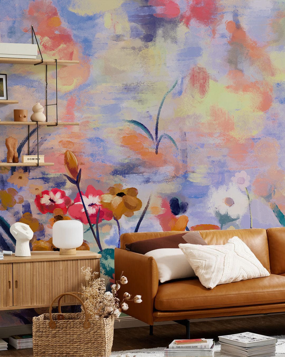 Floral Dreamscape Watercolour Mural Wallpaper with brown sofa, wooden sideboard, and Impressionist style backdrop.