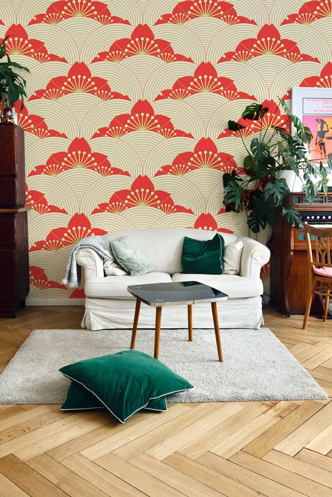 Elegant red and cream Japanese fan wallpaper enhances cosy living room with beige sofa, wooden flooring.