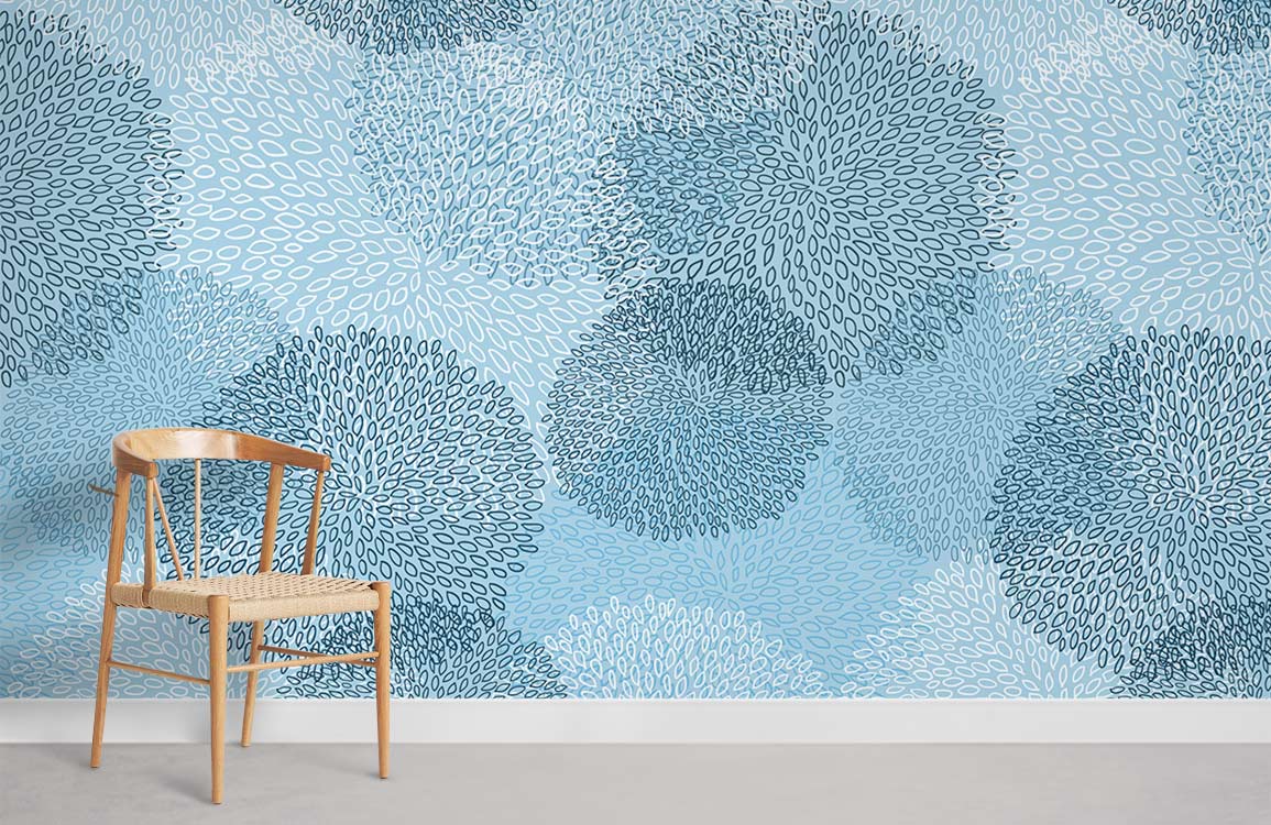 Elegant blue floral wallpaper in modern room with wooden chair, beige flooring, oceanic design pattern.