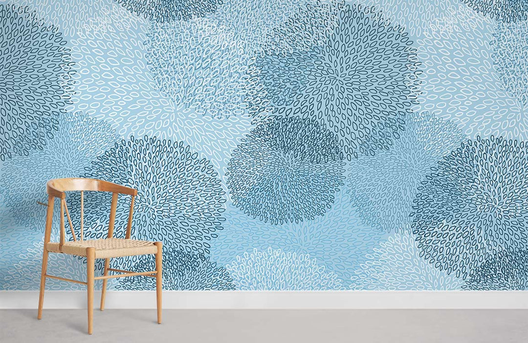 Elegant blue floral wallpaper in modern room with wooden chair, beige flooring, oceanic design pattern.