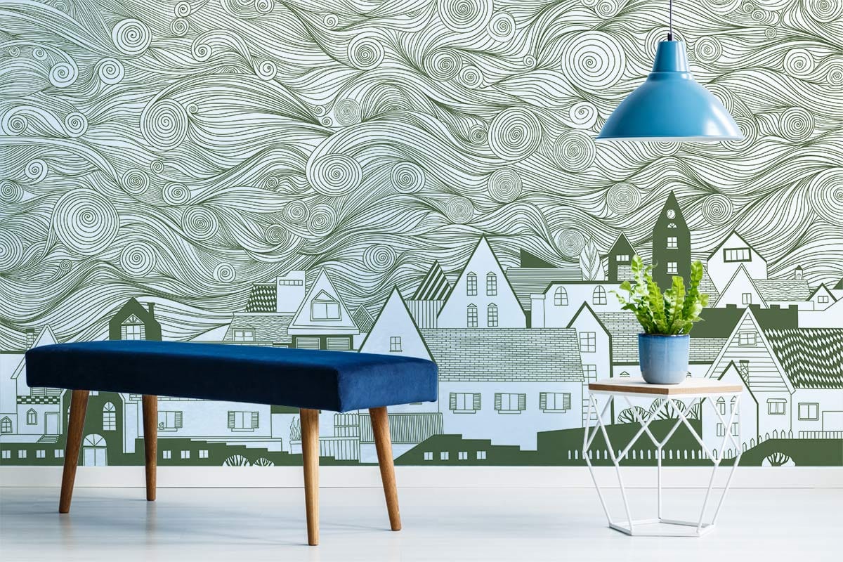 Vintage green landscape mural wallpaper; swirling sky, blue bench, grey floor, blue pendant light.