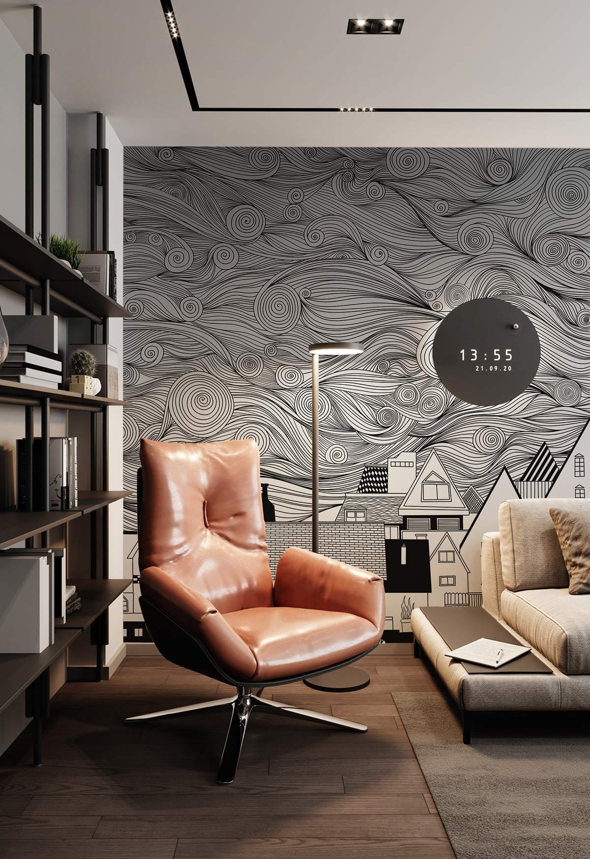Black & White Whimsical Town Mural Wallpaper in living room with leather chair and modern sofa.