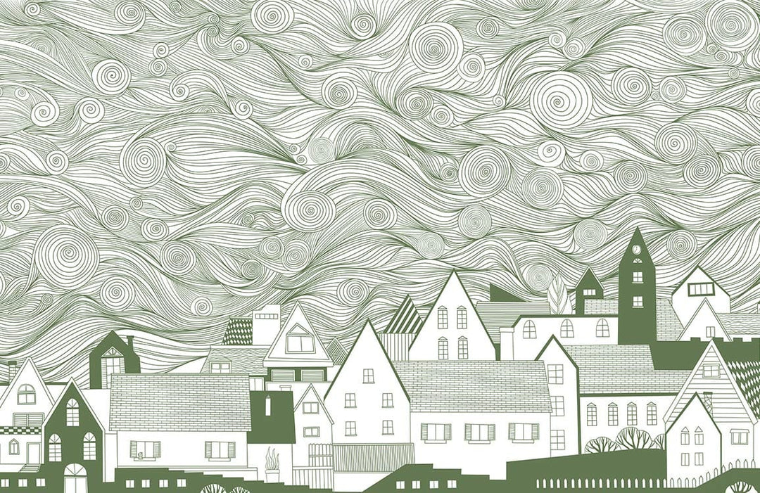 Vintage Green Village Landscape Mural Wallpaper with Swirling Sky Pattern