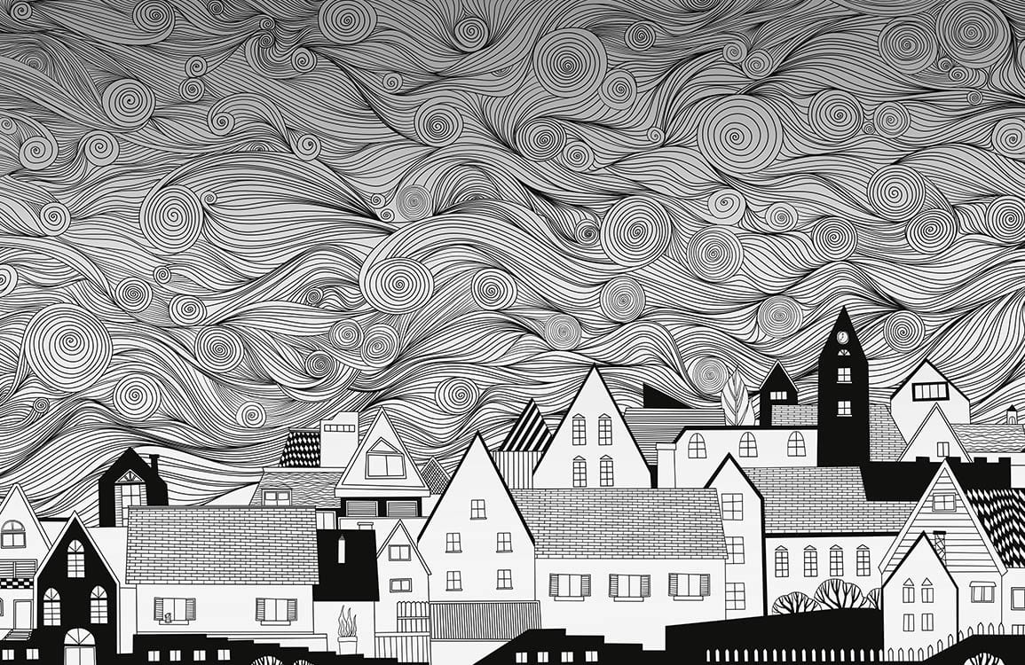 Black & White Whimsical Town Mural Wallpaper – Abstract Swirling Sky Design