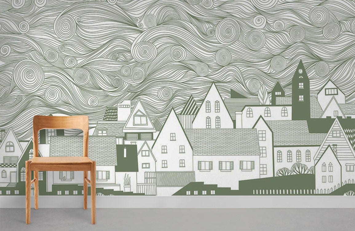 Vintage Green Village mural wallpaper with swirling sky, featuring a wooden chair and minimalistic decor.