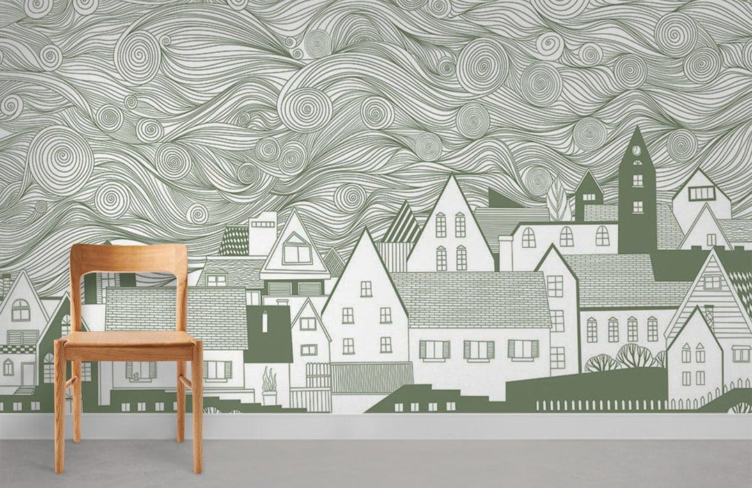 Vintage Green Village mural wallpaper with swirling sky, featuring a wooden chair and minimalistic decor.
