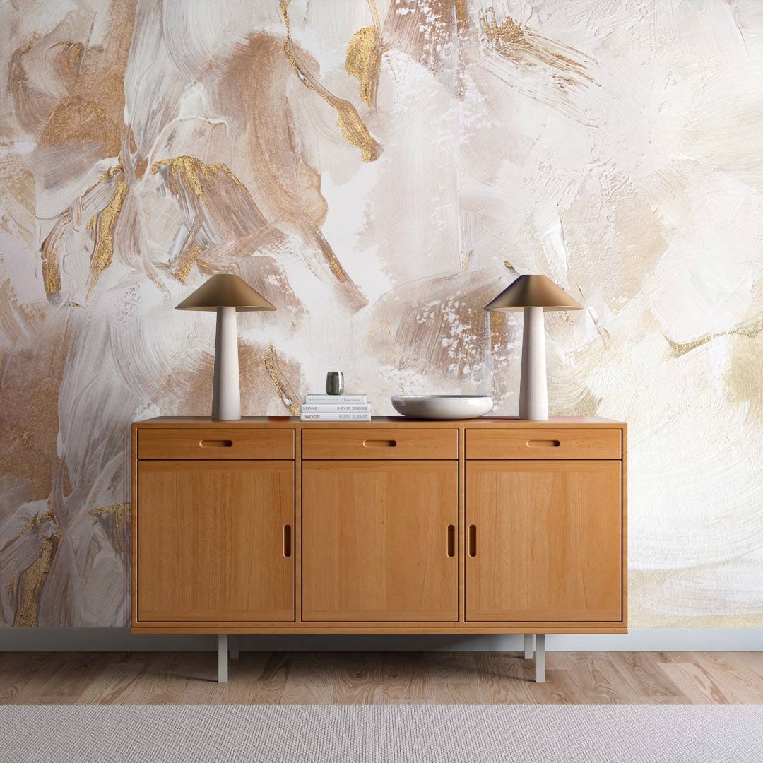 Elegant Abstract Art Mural Wallpaper, marble-effect, cream and gold, wooden console, modern lamps, wooden flooring.