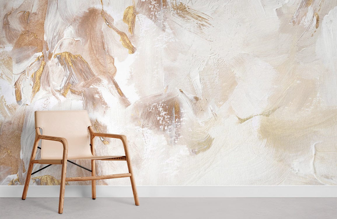Elegant Abstract Art Mural Wallpaper with Cream and Gold Marble-Effect, Wooden Armchair, Neutral Flooring.