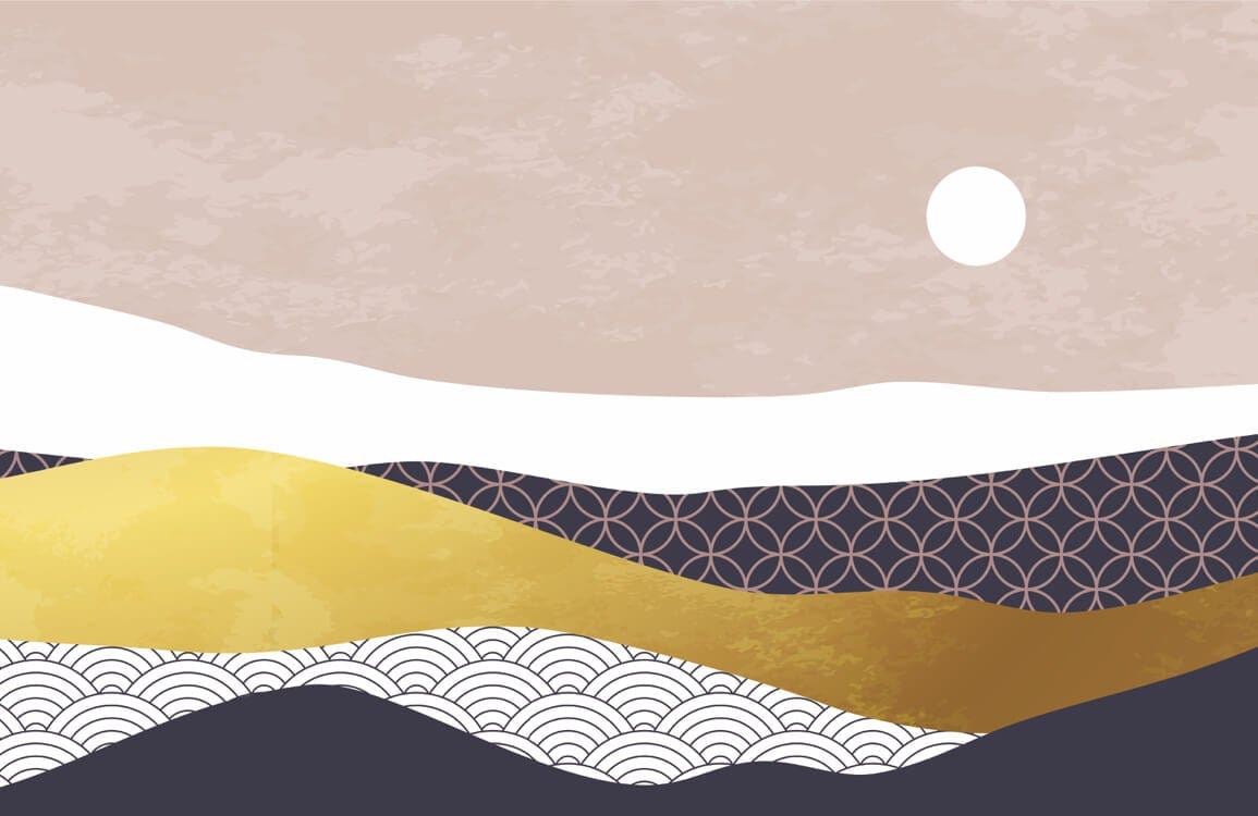 Elegant Japanese Abstract Landscape Mural Wallpaper in Gold and Neutral Tones