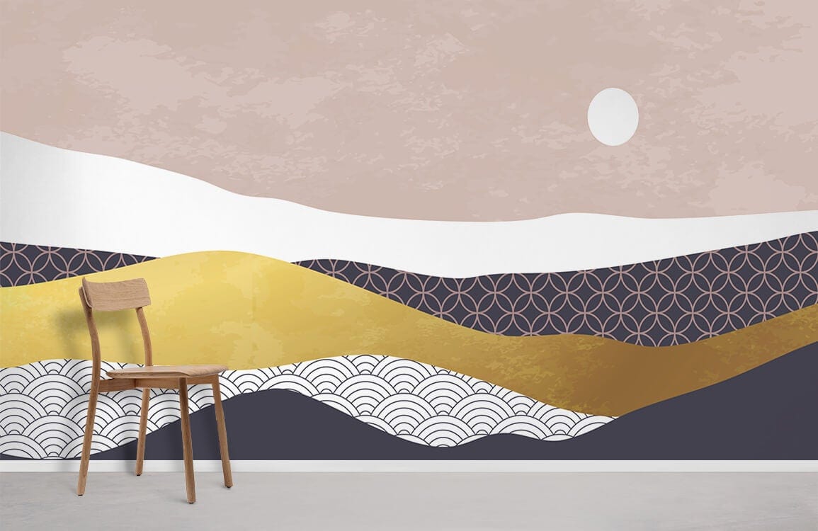 Elegant Japanese abstract landscape mural wallpaper, gold and neutral, wooden chair, minimalist room Décor.