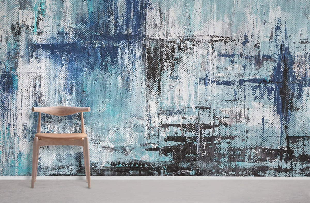 Blue and white mural wallpaper with abstract oceanic texture, modern chair, grey flooring.