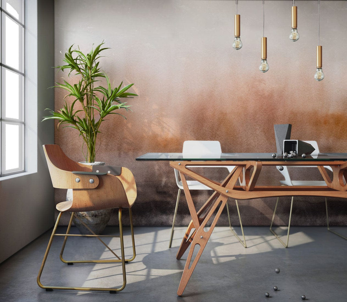 Autumn Mist mural with rustic watercolour design in modern office, stylish chairs, unique wooden desk.