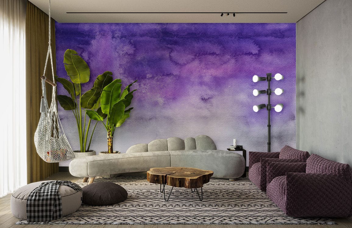 Dreamy purple watercolour ombre sky mural, stylish grey sofa, cosy living room, wooden flooring, chic decor.