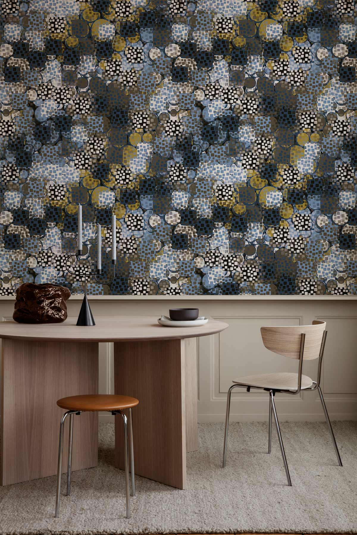 Abstract Blue-Grey Geometric Pattern Wallpaper with modern table, wooden chair, and stylish beige rug.