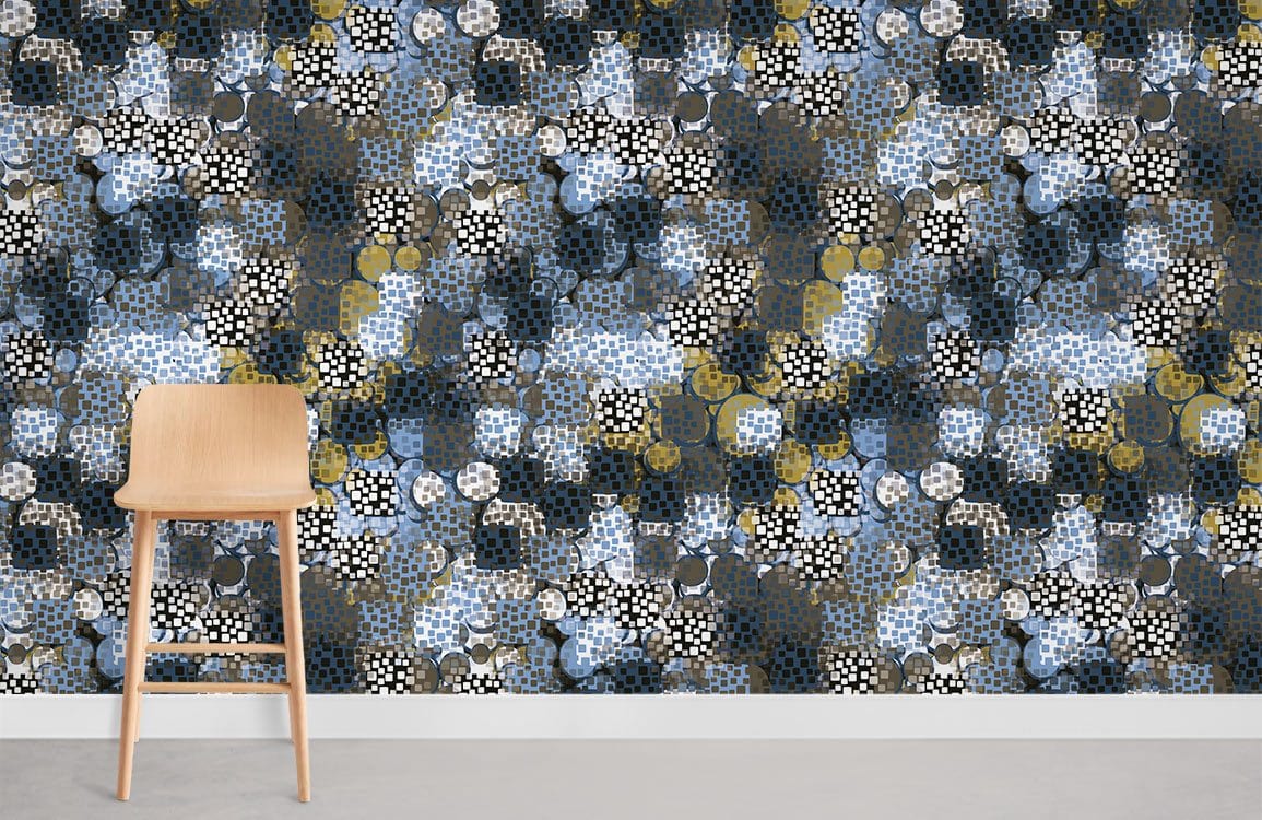 Abstract Blue-Grey Geometric Pattern Wallpaper with Light Wood Chair on Grey Floor; Modern Interior Decor.