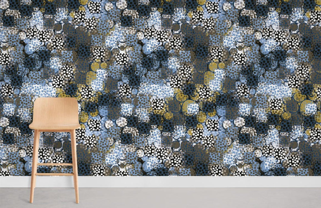 Abstract Blue-Grey Geometric Pattern Wallpaper with Light Wood Chair on Grey Floor; Modern Interior Decor.
