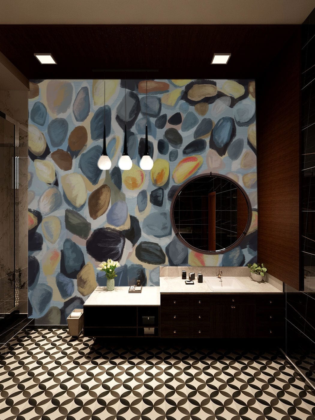 Bathroom featuring Multicoloured Pebble Mural Wallpaper, modern vanity, geometric flooring, round mirror, pendant lights.