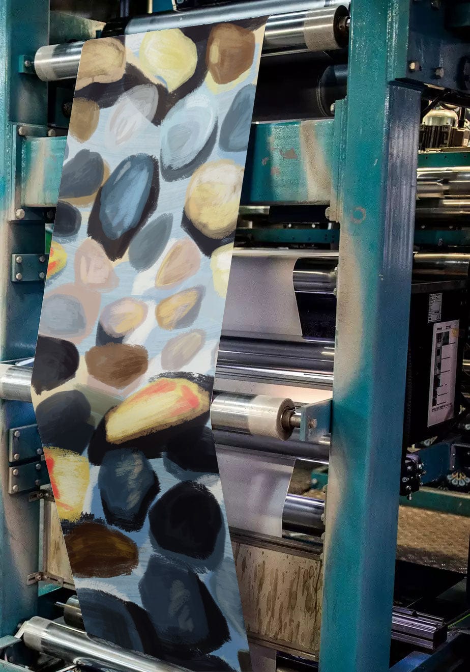 Production of Multicoloured Watercolour Pebble Pattern Mural Wallpaper - Contemporary Artistic Design in factory.