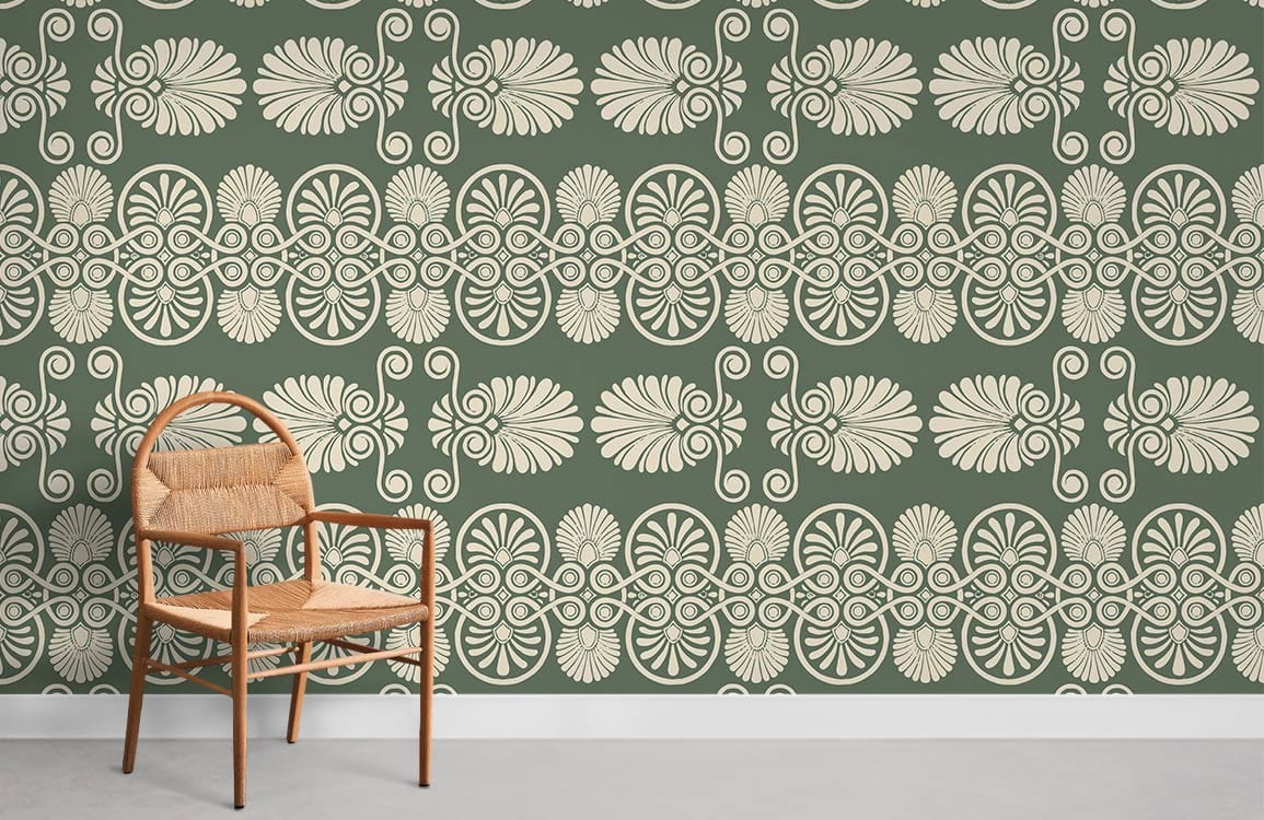 Elegant olive green vintage floral wallpaper, wicker chair, harmonious pattern, perfect for timeless interior design.
