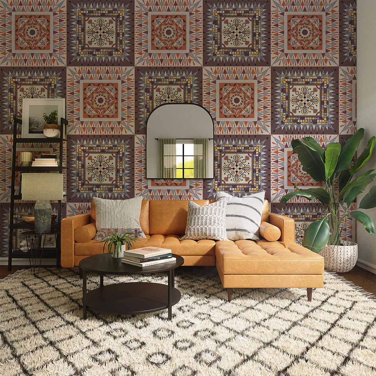 Rustic geometric wallpaper in earthy tones, bohemian style, orange sofa, cosy shag rug, potted plant.