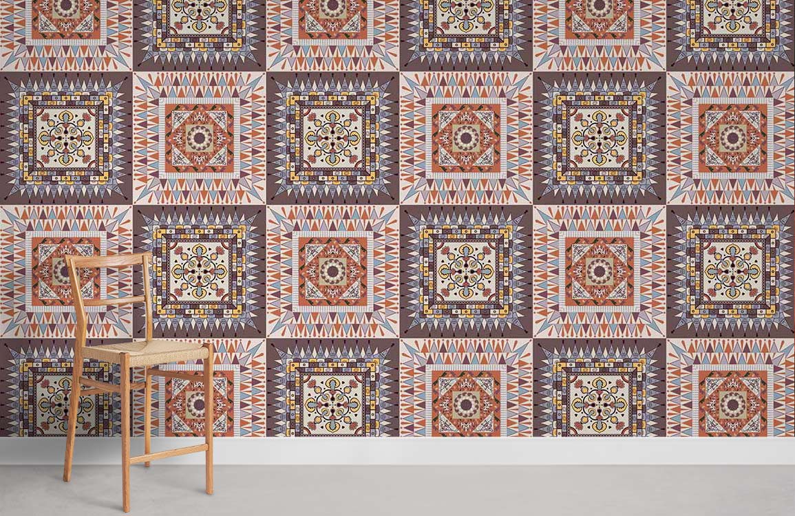 Rustic geometric wallpaper in earthy tones with wooden chair on grey floor, bohemian style room.