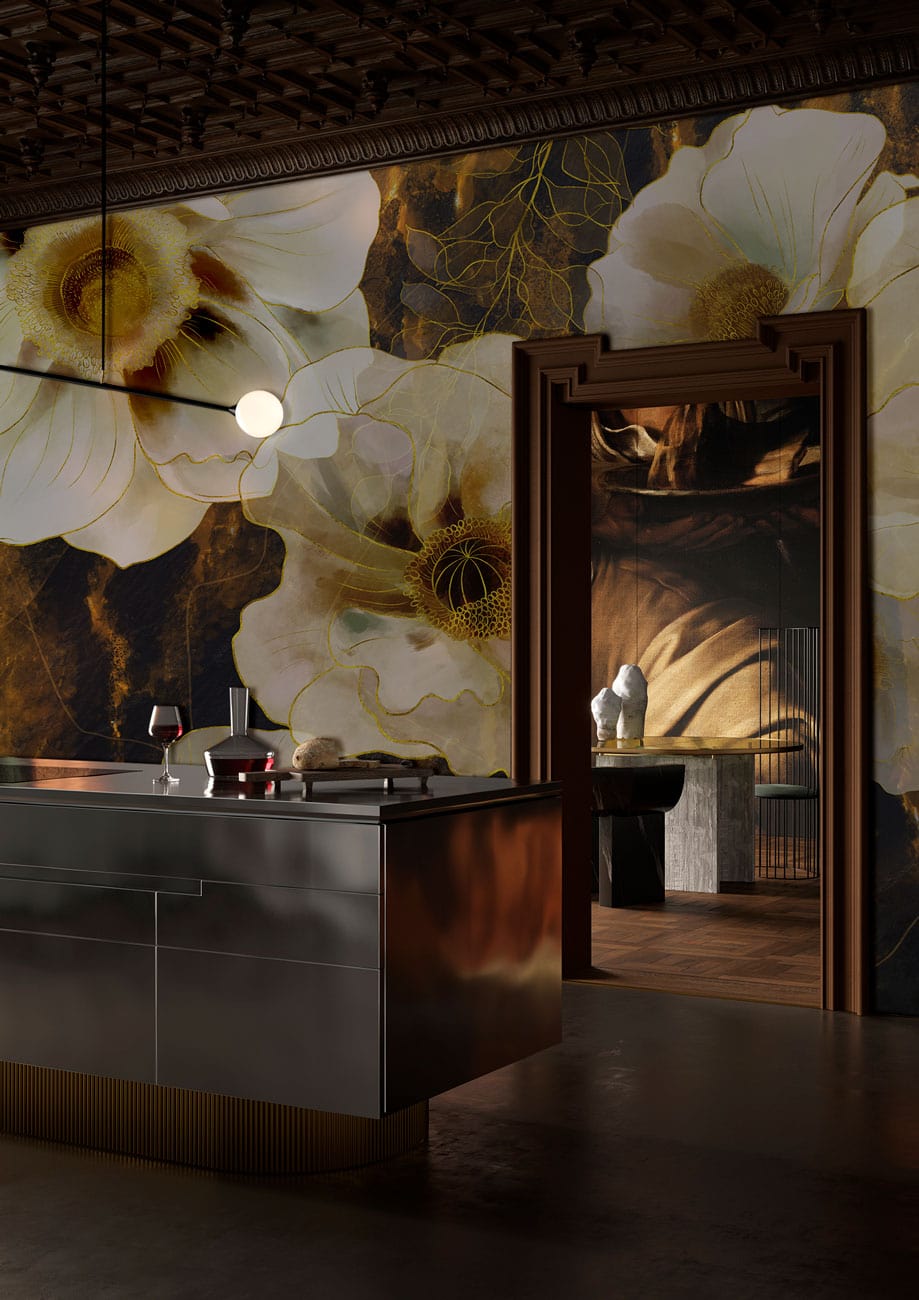 Kitchen with Golden Floral Elegance Mural Wallpaper, modern island, pendant lighting, and dark flooring.
