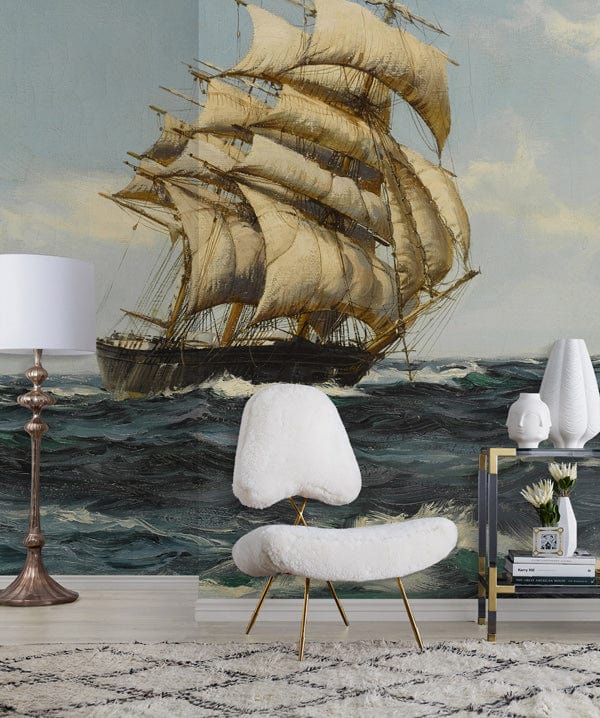 Vintage nautical sailing ship mural wallpaper, classic design; armchair, lamp, modern decor, rug, room.