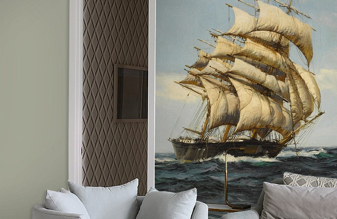 Vintage Nautical Sailing Ship Mural Wallpaper, light grey sofa, geometric accent wall, elegant living room.