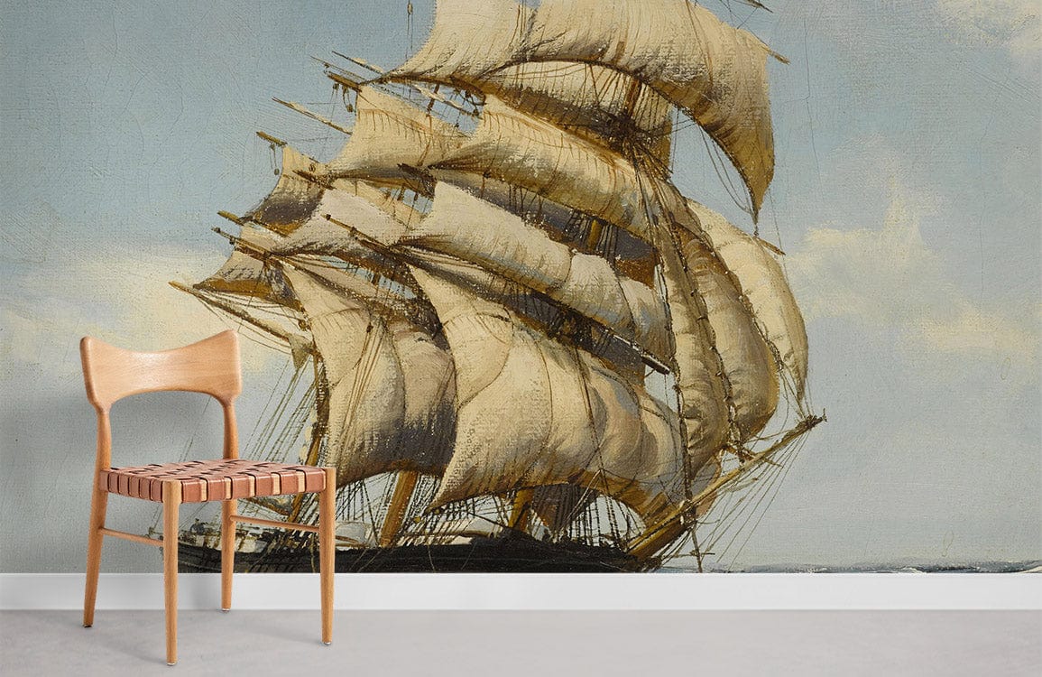 Vintage Nautical Sailing Ship Mural Wallpaper, wooden chair, grey flooring, ocean adventure theme.