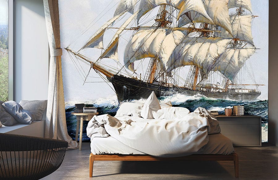 Vintage maritime sailing ship mural wallpaper, classic nautical style; modern bedroom, wooden floor, grey bed.