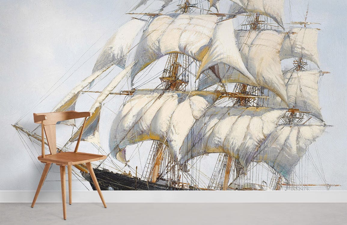 Vintage nautical sailing ship mural wallpaper, featuring wooden chair, on light grey wall and floor.