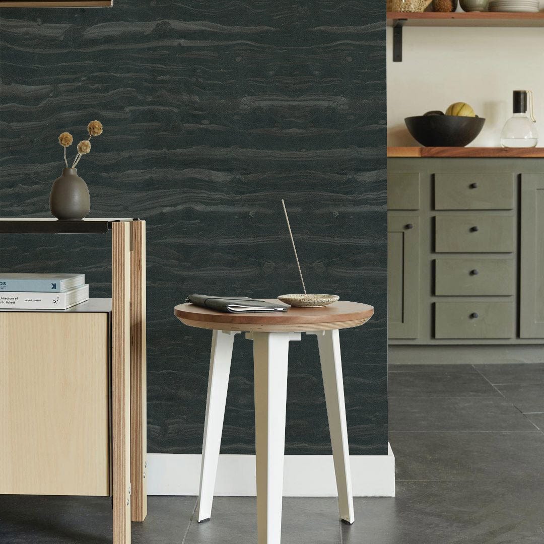 Sophisticated dark marble wallpaper, modern interior, grey floor, light wood furniture, elegant table decor.