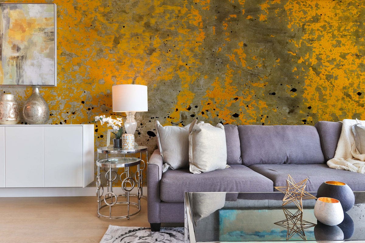 Industrial urban mural wallpaper with grey sofa, abstract painting, light wood flooring in modern lounge.
