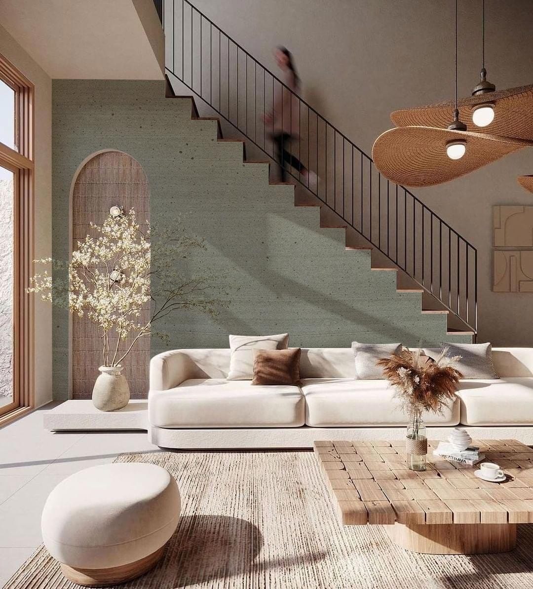 Moss Green Textured Wallpaper with modern wood coffee table in stylish living room setting.