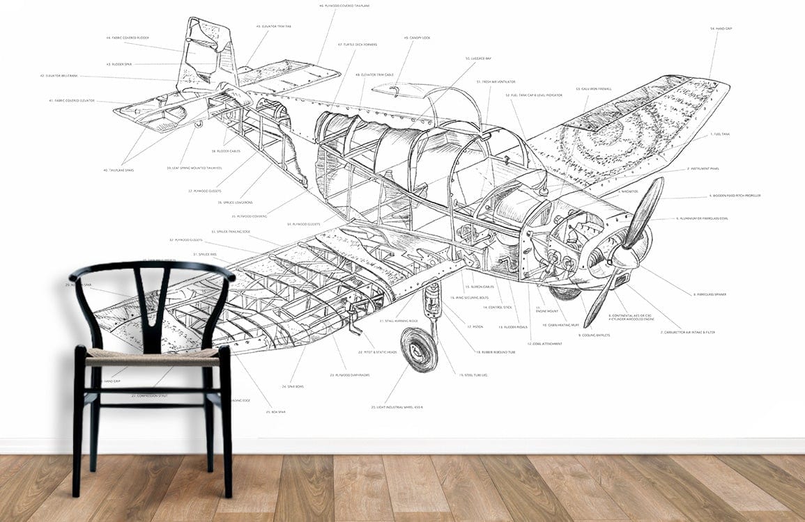 Vintage aircraft blueprint mural with black and white industrial design, wooden flooring, modern chair.