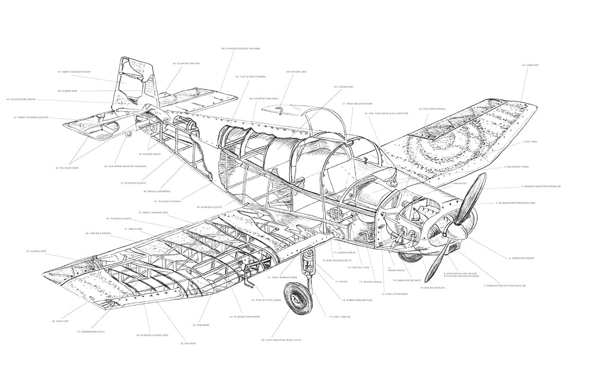 Vintage Aircraft Blueprint Mural Wallpaper - Black and White Industrial Design