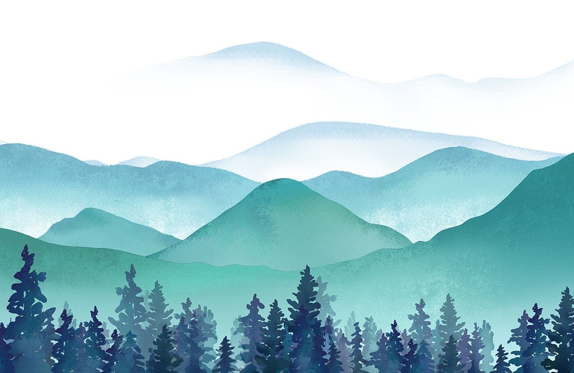 Aqua Green Forest Mural Wallpaper with Misty Mountain Landscape Design
